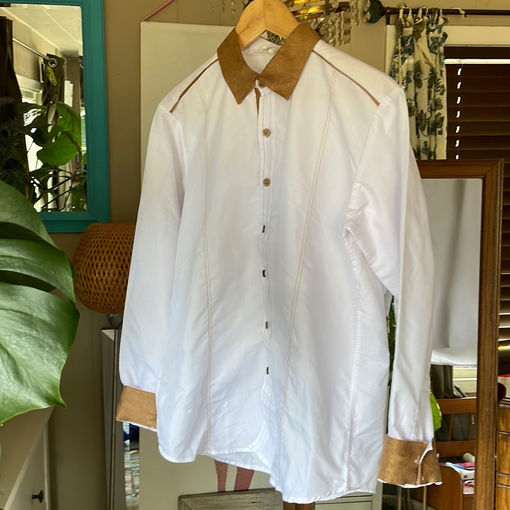 White Button Down With Faux Suede Trim - image 1